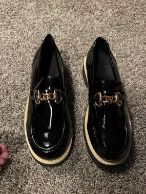 Women's Black Patent Loafers with Gold Chain Accent